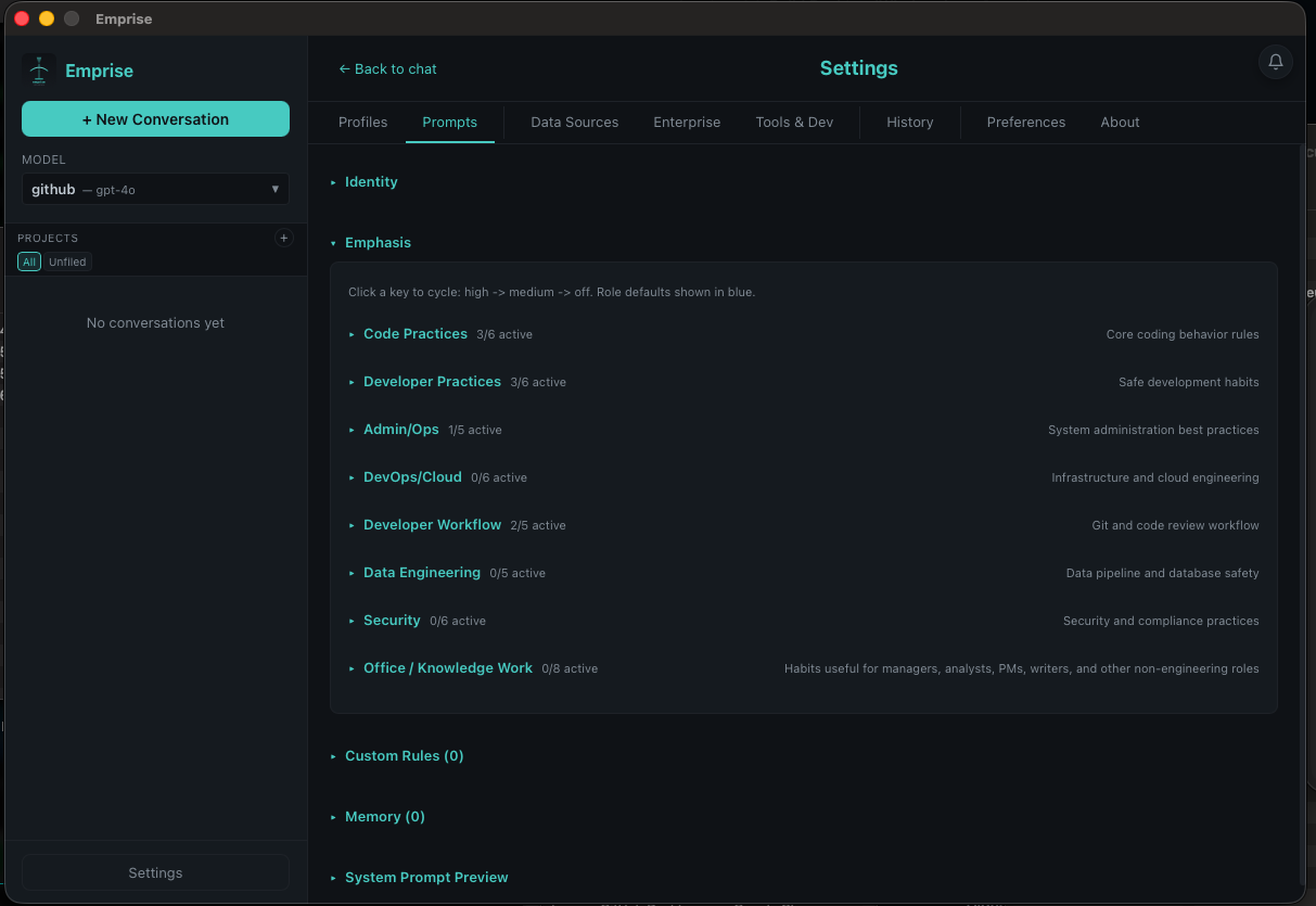 Prompts tab with emphasis categories